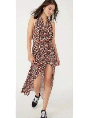NWT FREE PEOPLE | Daria Maxi Orange Black Knit T Back Front Slit Dress Sz. Large